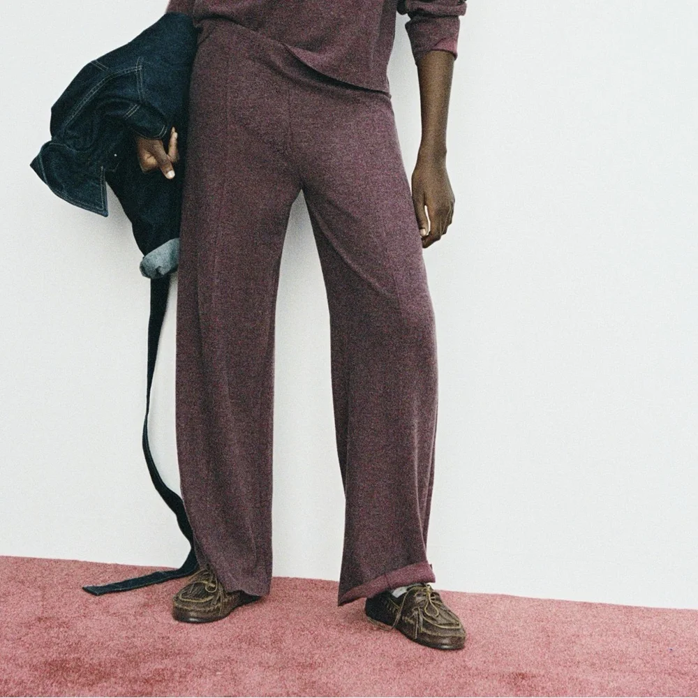 Zara NWT burgundy soft elastic waistband straight leg knit casual pants
